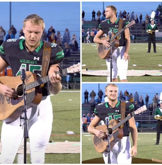 High schooler takes off his helmet and grabs a guitar to sing national anthem